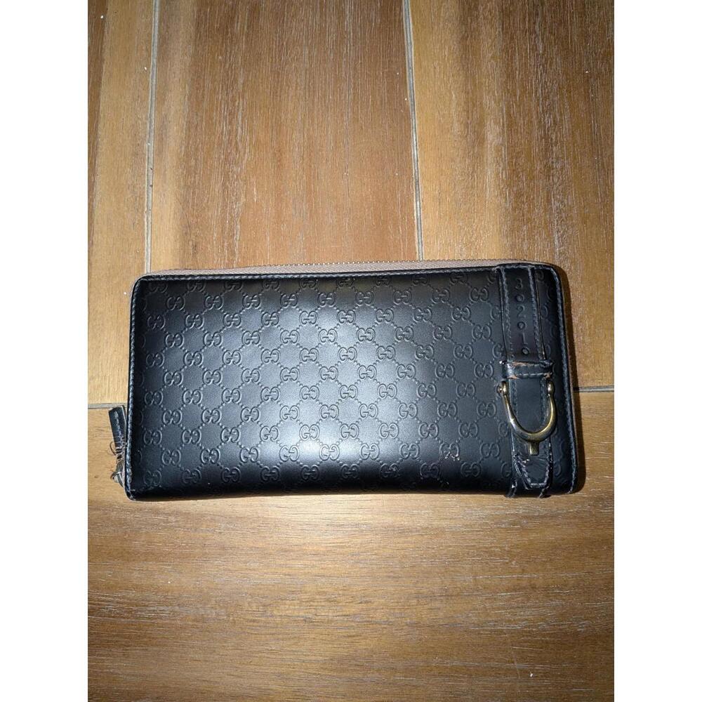 GUCCI Black Guccissima GG Logo Zip Around Wallet Zippy Leather Buckle Belt